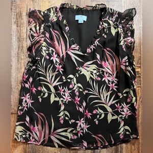 CeCe Black and Pink Floral Blouse